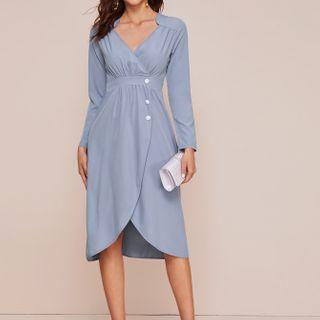 Long-sleeve Button Accent A-line Dress