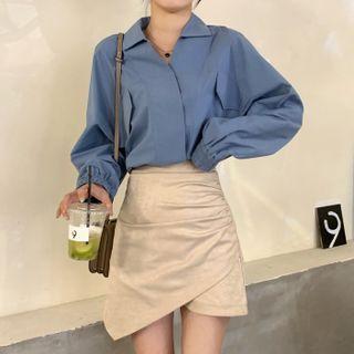 Collared Blouse / Asymmetrical Shirred Mini A-line Skirt