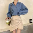 Collared Blouse / Asymmetrical Shirred Mini A-line Skirt