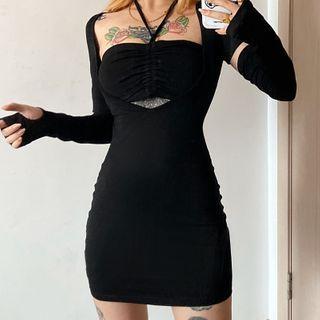 Set: Halter-neck Mini Bodycon Dress + Long-sleeve Shrug