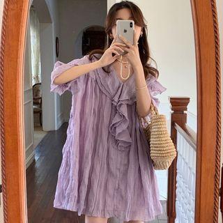 Elbow-sleeve Ruffle Trim Crinkle Mini Dress Purple - One Size