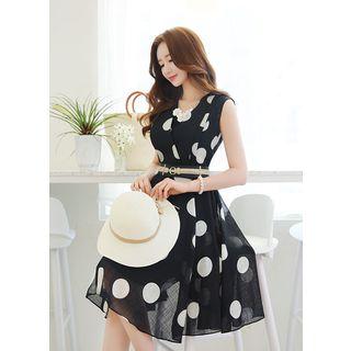 Sleeveless Polka-dot Dress With Belt