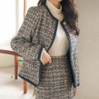 Plus Size Faux-gem Button Piped Tweed Jacket