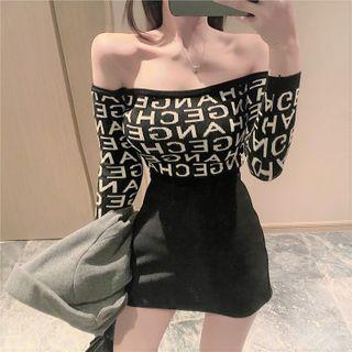 Lettering Off-shoulder Long-sleeve T-shirt / Blazer / Mini Pencil Skirt
