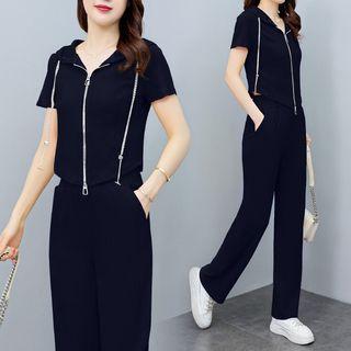 Set: Short-sleeve Hooded Jacket + Loose Fit Pants