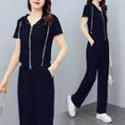Set: Short-sleeve Hooded Jacket + Loose Fit Pants