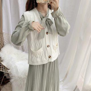 Set: Ribbon Long-sleeve Midi A-line Dress + Cable Knit Vest