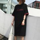 3/4 Sleeve Letter Embroidered Contrast Trim Midi T-shirt Dress