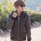 Two-tone Hooded Knit-sleeve Faux-leather Jacket