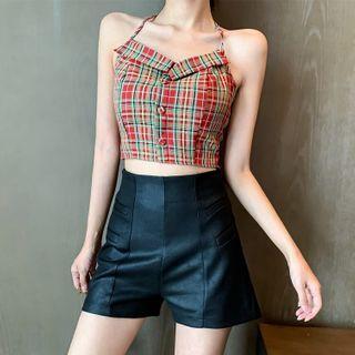 Halter-neck Plaid Top / High-waist Shorts