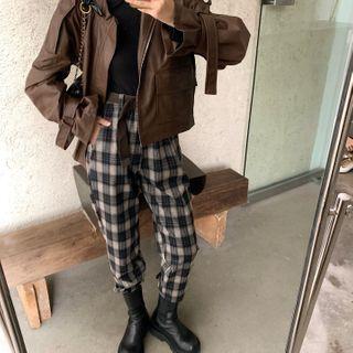 Stand-collar Faux-leather Biker Jacket / Plaid Straight-cut Pants With Belt
