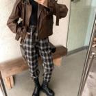 Stand-collar Faux-leather Biker Jacket / Plaid Straight-cut Pants With Belt