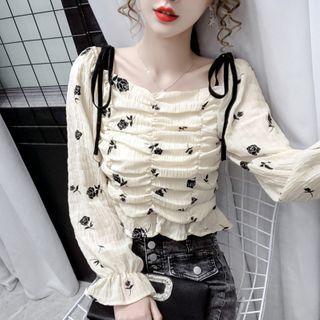 Floral Print Bell-sleeve Ruched Blouse