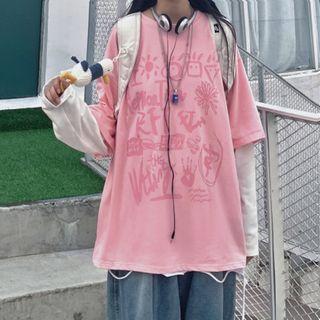 Elbow-sleeve Lettering Print T-shirt Pink - One Size
