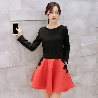 Set: Long-sleeve Zip-back Top + Paneled A-line Skirt