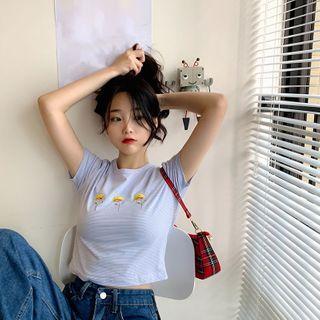 Flower Embroidered Short-sleeve T-shirt As Shown In Figure - One Size