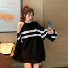 Long-sleeve Asymmetric Shoulder Striped T-shirt