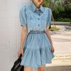 Denim Set: Puff-sleeve Blouse + Tiered Miniskirt Light Blue - One Size