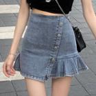 Ruffle Hem Asymmetrical Denim Mini A-line Skirt