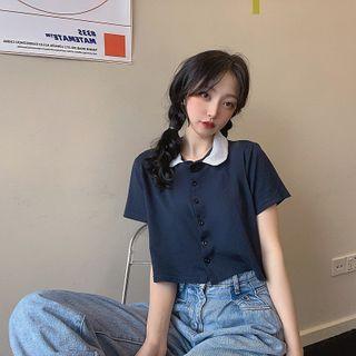 Short-sleeve Button-up Crop Top Navy Blue - One Size