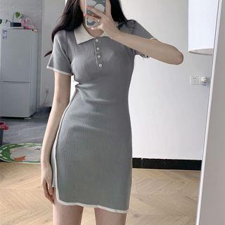 Short-sleeve Ribbed Polo Knit Dress White & Gray - One Size
