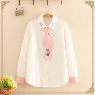 Cat Printed Lapel Color-block Long-sleeve Shirt