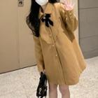 Long-sleeve Bow Woolen Coat Khaki - One Size