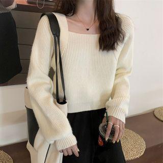 Square-neck Long-sleeve Plain Knit Sweater