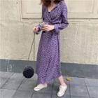Long-sleeve Floral Print V-neck Midi Dress Purple - One Size