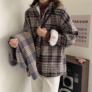 Fleece-lined Plaid Single-breasted Jacket / Mock-turtleneck Long-sleeve Top
