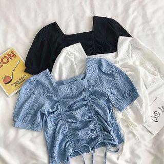 Plain Square-neck Frilled Drawcord Short-sleeve Top