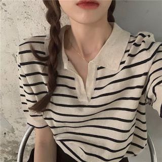 Short-sleeve V-neck Striped Knit Polo Shirt