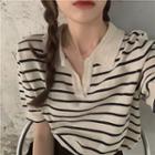 Short-sleeve V-neck Striped Knit Polo Shirt