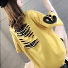 Elbow-sleeve Letter Ripped T-shirt