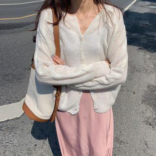 Crewneck Plain Knit Cardigan White - One Size