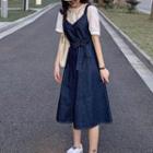 Short-sleeve Top / Denim Overall Dress / Set