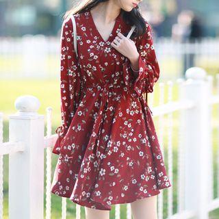 Floral Print Short-sleeve V-neck Chiffon Dress