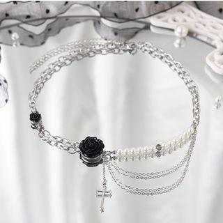Faux Pearl Rose Choker Black - One Size