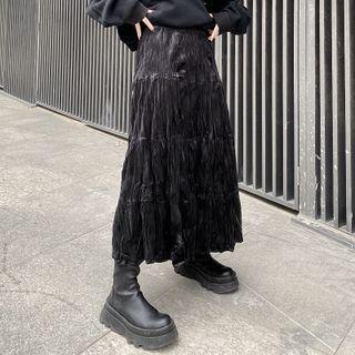 Plain Shirred Midi A-line Skirt Black - One Size