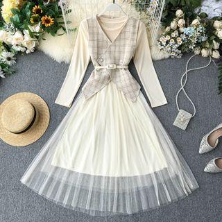 Set: Long-sleeve Mesh Paneled A-line Midi Dress + Double Breasted Vest
