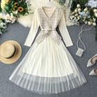 Set: Long-sleeve Mesh Paneled A-line Midi Dress + Double Breasted Vest