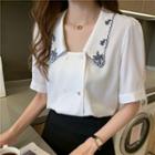 Embroidered Double-breasted Short-sleeve Blouse