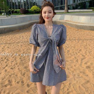 Plaid Ribbon Puff-sleeve Mini A-line Dress