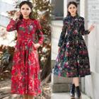 Mandarin Collar Floral Print Midi Dress