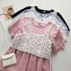 Set:short-sleeve Round Neck Dress + Eyelet-lace Tank Top