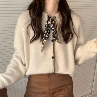 Long-sleeve Contrast Trim Floral Tie-strap Cardigan