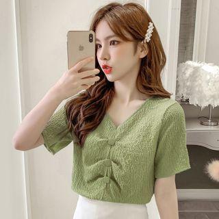 Short-sleeve Textured Chiffon V-neck Top