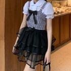 Puff-sleeve Frill Trim Shirt / Bow-front Check Camisole Top / Tiered Mini A-line Mesh Skirt