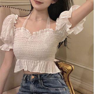 Cold-shoulder Lace Trim Blouse White - One Size