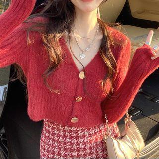 V-neck Cardigan / Houndstooth Mini Skirt